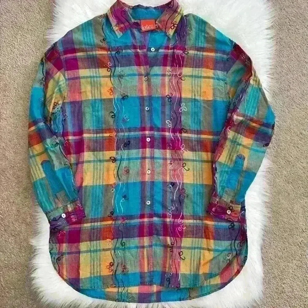 Liz & Co 90’s Rainbow Plaid Button Down with Wavy Floral Embroidery Small